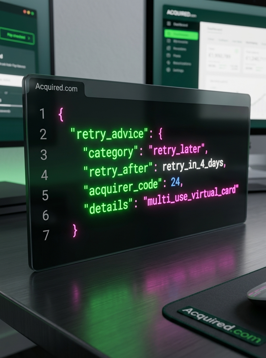 screen showing Acquired.com payment retry advice code